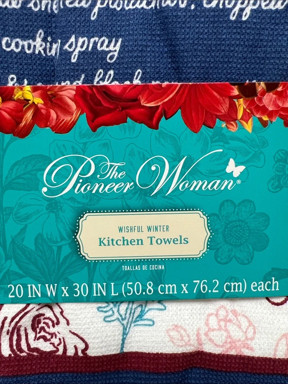The Pioneer Woman Blue, Teal, Red Floral & Script Kitchen Towels Wishful Winter